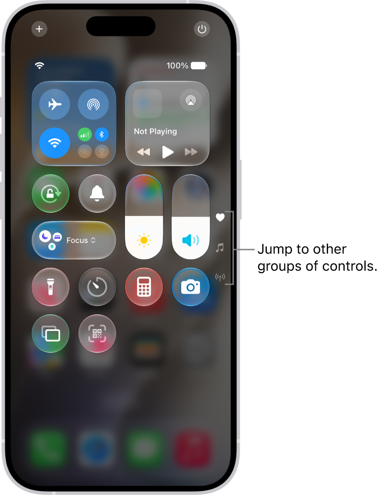 Control Center open on the iPhone screen, with icons on the right for viewing other groups of controls.