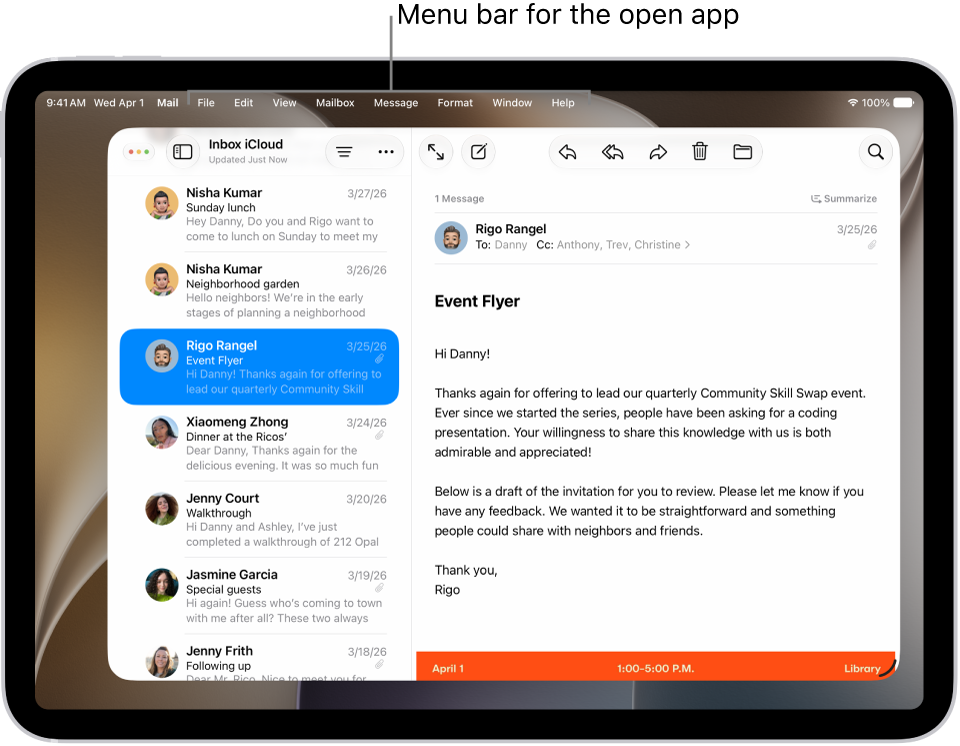 The Mail app open on the iPad screen, with the menu bar showing at the top of the screen.