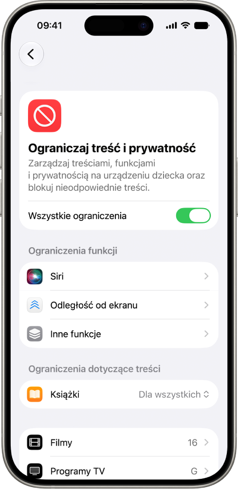 Ekran ograniczeń dotyczących treści i&nbsp;prywatności w&nbsp;funkcji Czas przed ekranem, na którym widoczne są opcje ograniczeń dotyczących funkcji i&nbsp;treści.