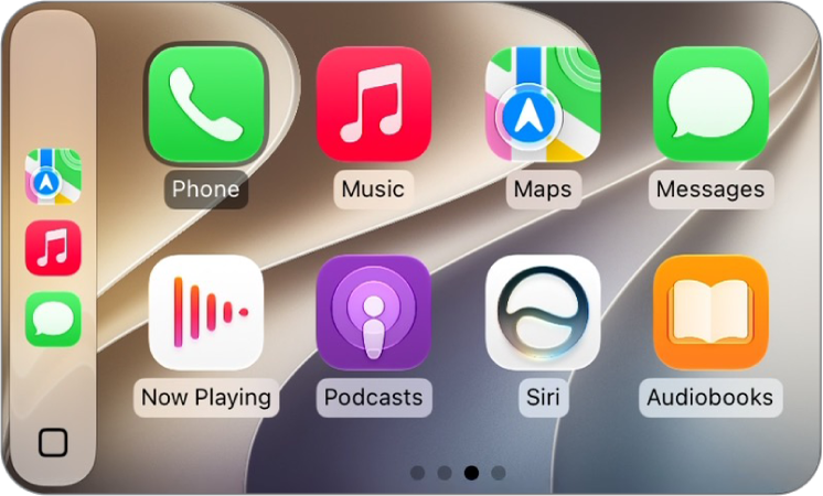 The CarPlay Home Screen showing Maps, Music, and Messages in the sidebar. To the right is a collection of other app icons.