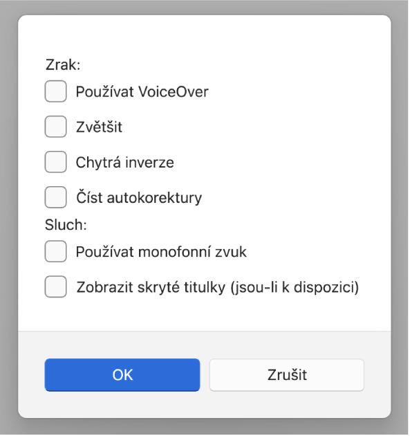 Funkce zpřístupnění v aplikaci Apple Devices s volbami Používat VoiceOver, Zvětšení, Chytrá inverze, Číst autokorektury, Používat monofonní zvuk a Zobrazit skryté titulky (jsou‑li k dispozici).