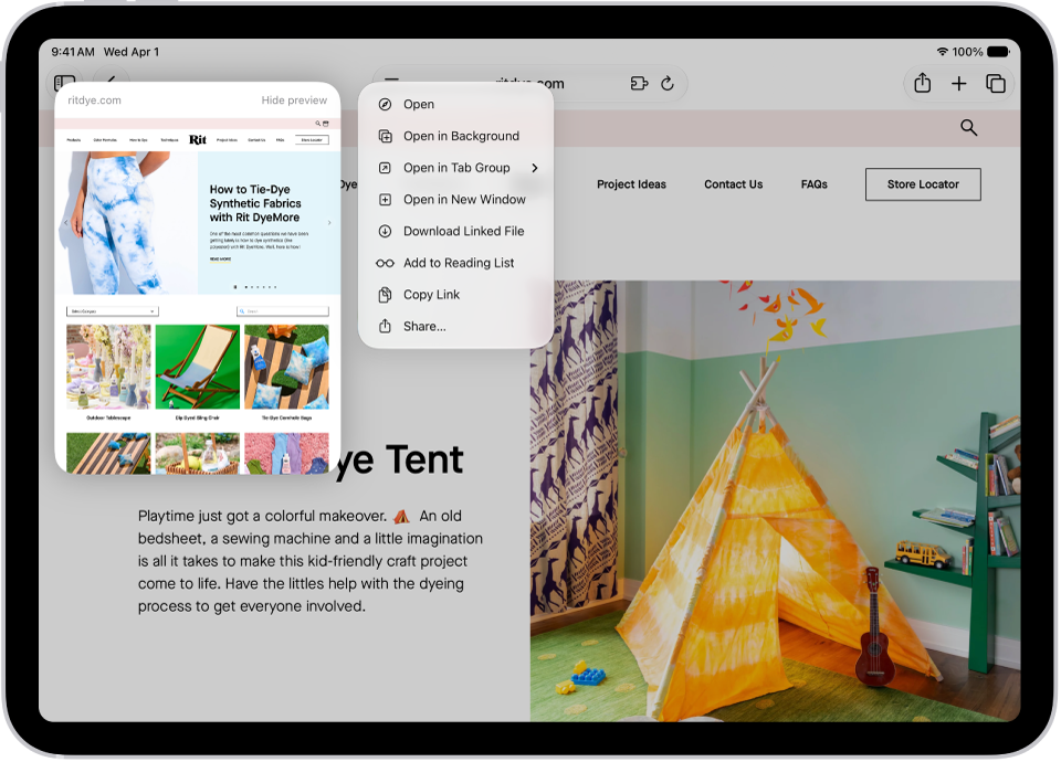 A preview for a website. To the right of the preview is a menu that shows the options, including Open, Open in Background, Open in New Window, and more.