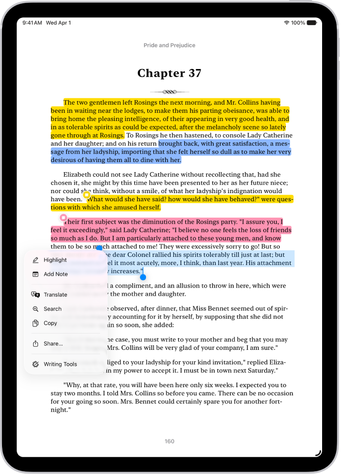 A page of a book in the Books app, with a portion of the page’s text selected. The Highlight, Add Note, Translate, Search, Copy, and Share buttons are above the selected text.