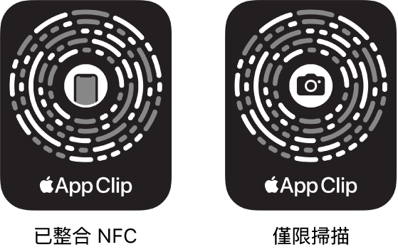 左方為已整合 NFC 的輕巧 App 條碼，iPhone 圖像位於其中央。右方為僅限掃描的輕巧 App 條碼，相機圖像位於其中央。