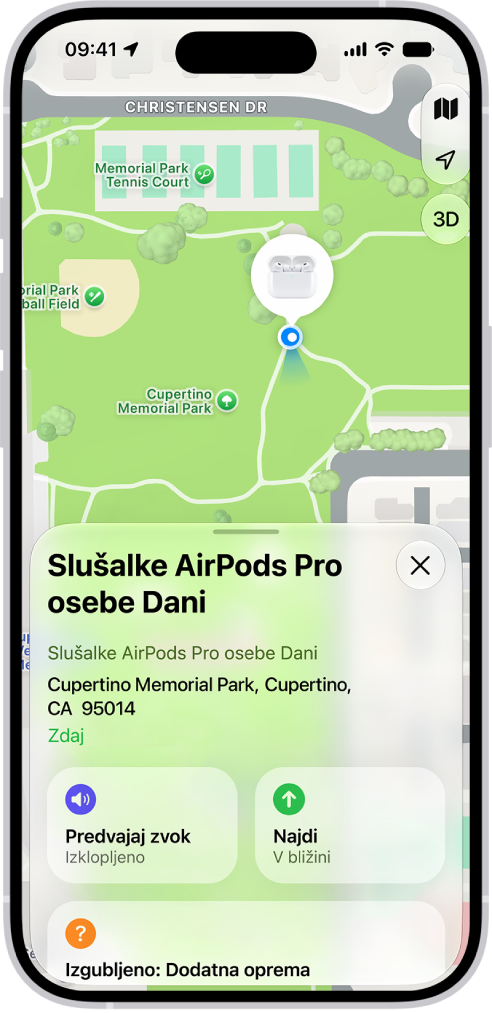 Zaslon v aplikaciji Najdi v iPhonu. Lokacija slušalk AirPods je prikazana na zemljevidu Cupertina, pri čemer so navedeni naslov in možnosti Predvajaj zvok ter Navodila.