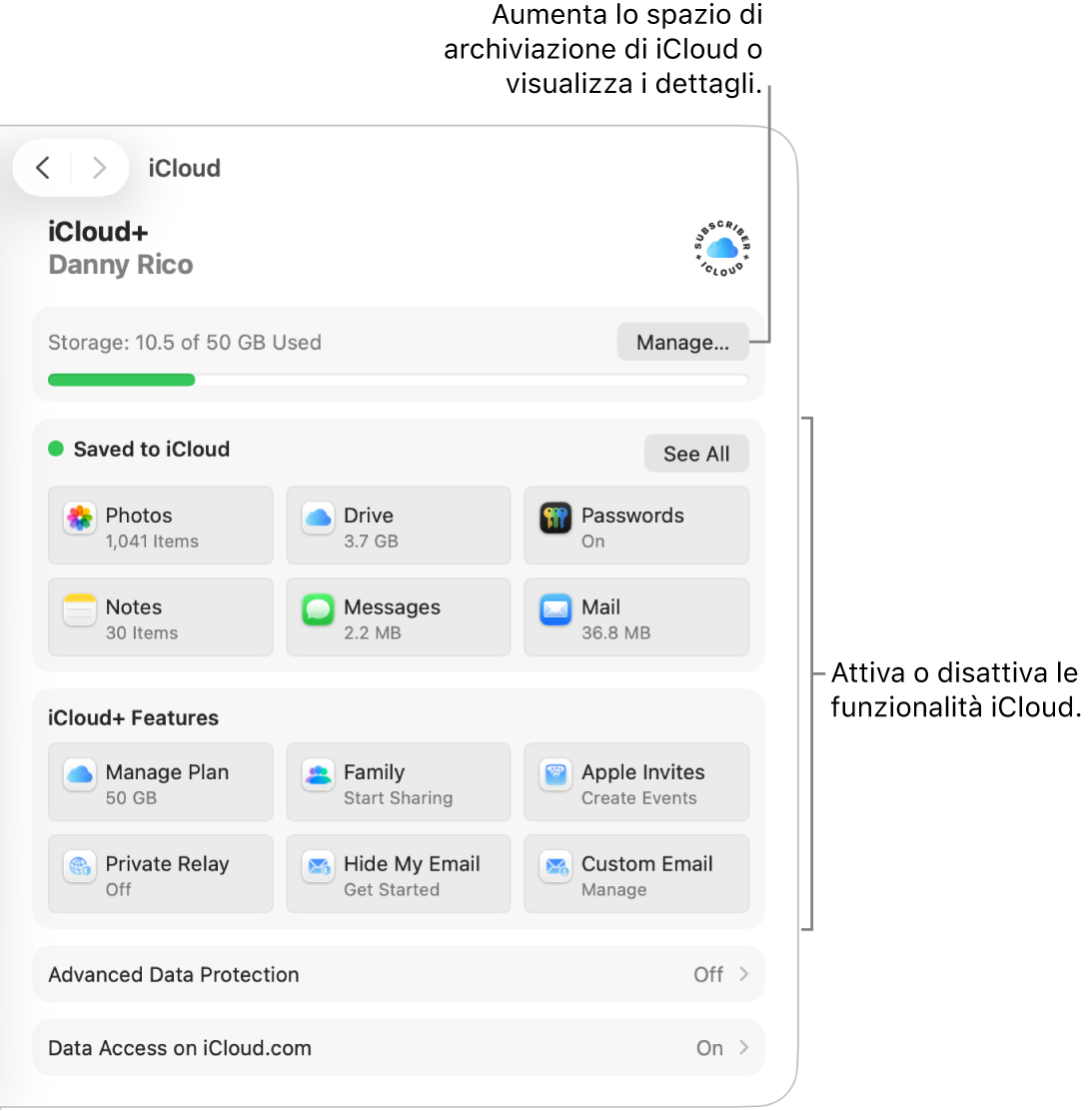 Le impostazioni di iCloud per le funzionalità più utilizzate.