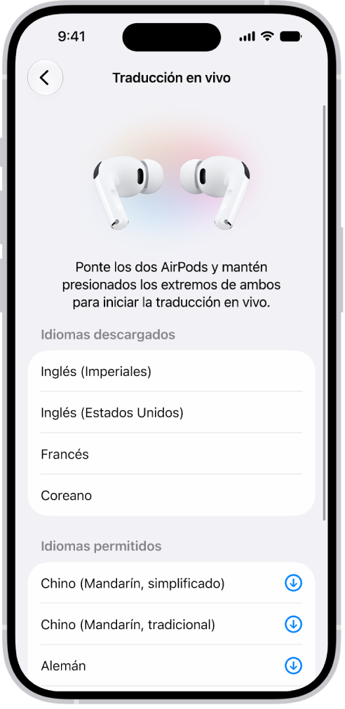 La pantalla Idiomas en la configuración de traducción de los AirPods muestra una lista de los idiomas descargados y compatibles.