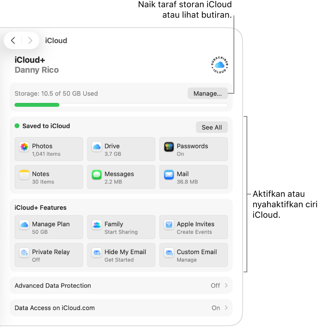 Seting iCloud untuk ciri yang paling biasa digunakan.