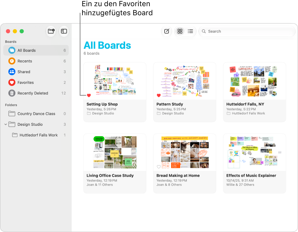 Die markierten Favoriten in der Ansicht „Alle Boards“ in der App „Freeform“.