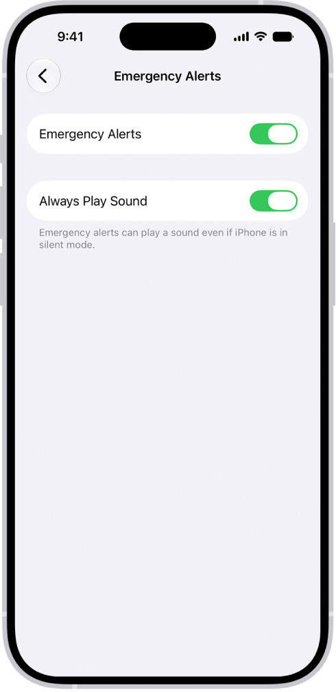 The Emergency Alerts screen, with Emergency Alerts, Local Awareness, and Always Play Sound turned on.