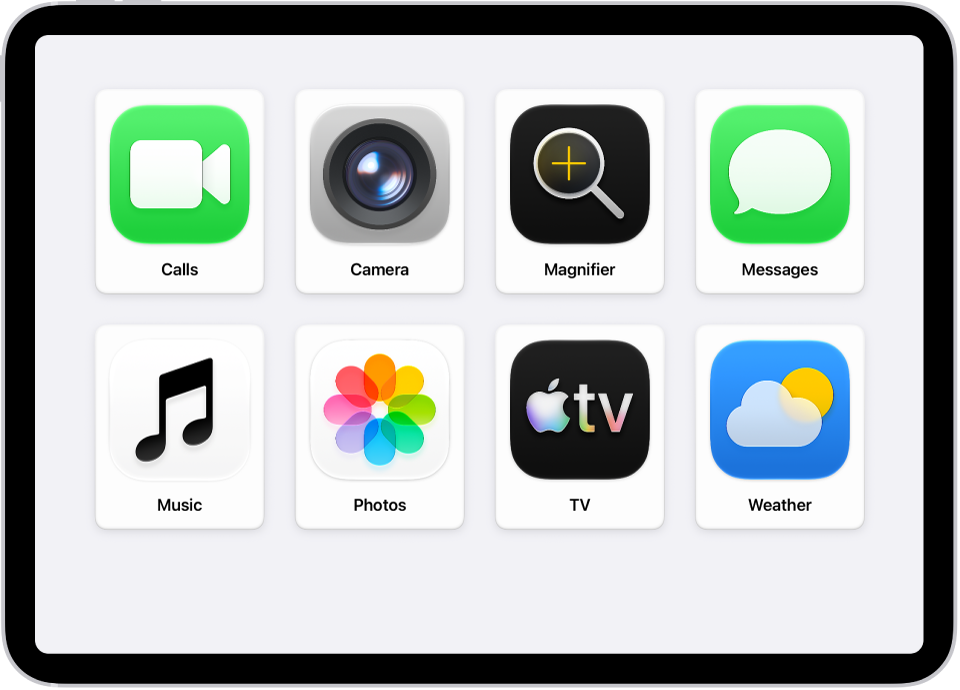 An iPad showing the Assistive Access Home Screen with a large grid of apps.