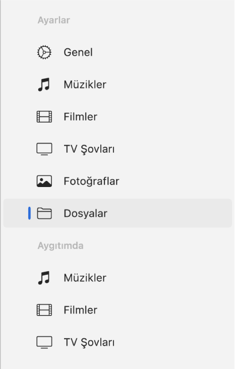 Dosyalar’ı seçili olarak gösteren kenar çubuğu.