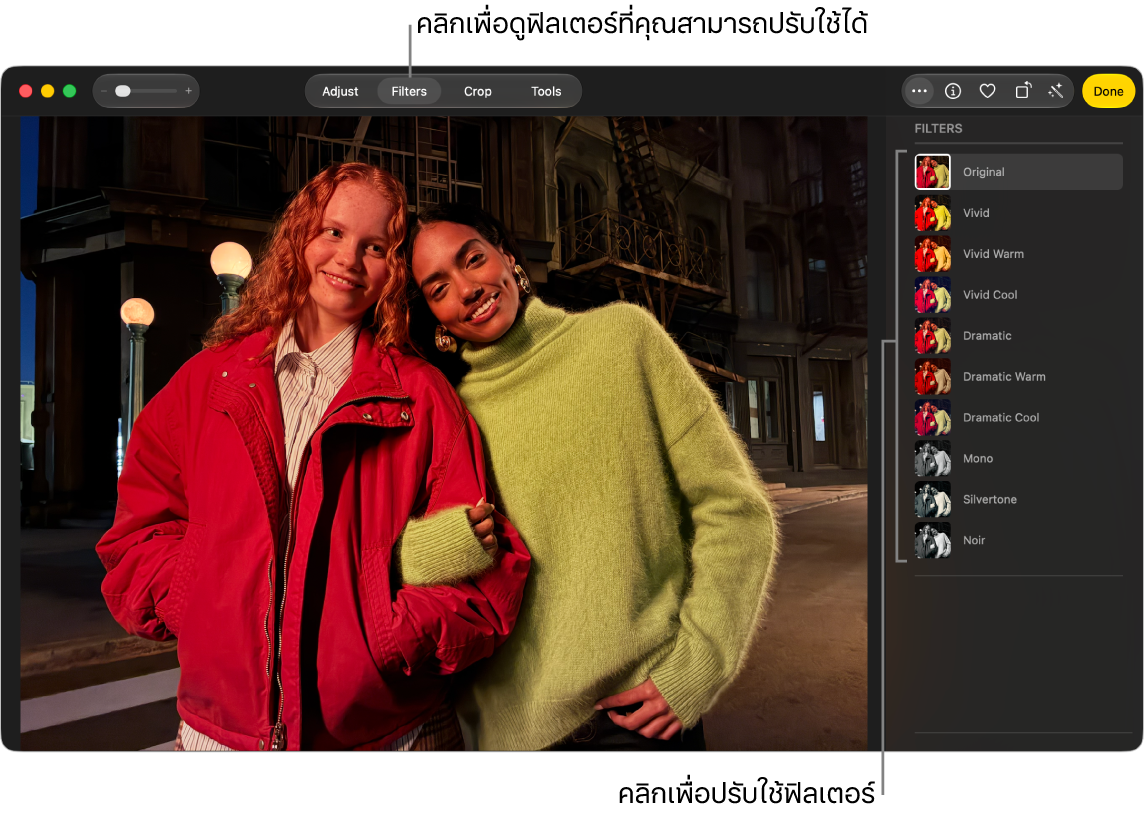 รูปภาพในมุมมองการแก้ไขโดยมีฟิลเตอร์ถูกเลือกอยู่ในแถบเครื่องมือและตัวเลือกฟิลเตอร์อยู่ทางด้านขวา