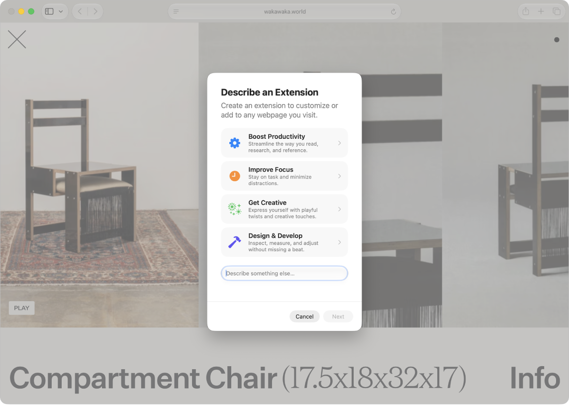 The Describe an Extension dialog with suggested categories and a field to describe your own.