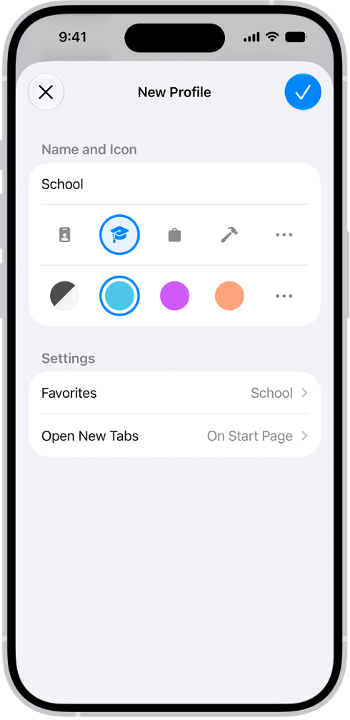 La pantalla de un iPhone mostrando la configuración de un nuevo perfil. Las opciones incluyen un ícono, un color, una carpeta de marcadores y la página en la que quieres que se abran las nuevas pestañas.