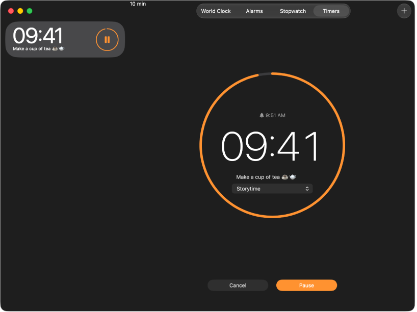 The Timers pane of the Clock app, showing a 10-minute timer in progress, with a custom label and sound.