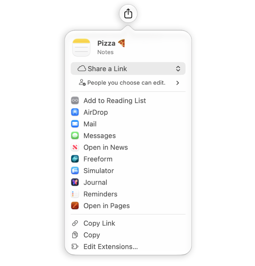 The Share menu in the Notes app on Mac. The menu shows options to share the note through various apps. There is also an option to copy the link or the note itself.