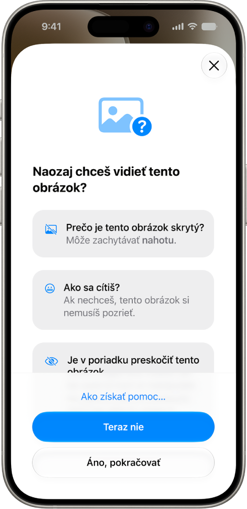 Obrazovka Bezpečnosť komunikácie zobrazujúca upozornenie, že obrázok môže byť citlivý, s&nbsp;možnosťami získania pomoci.