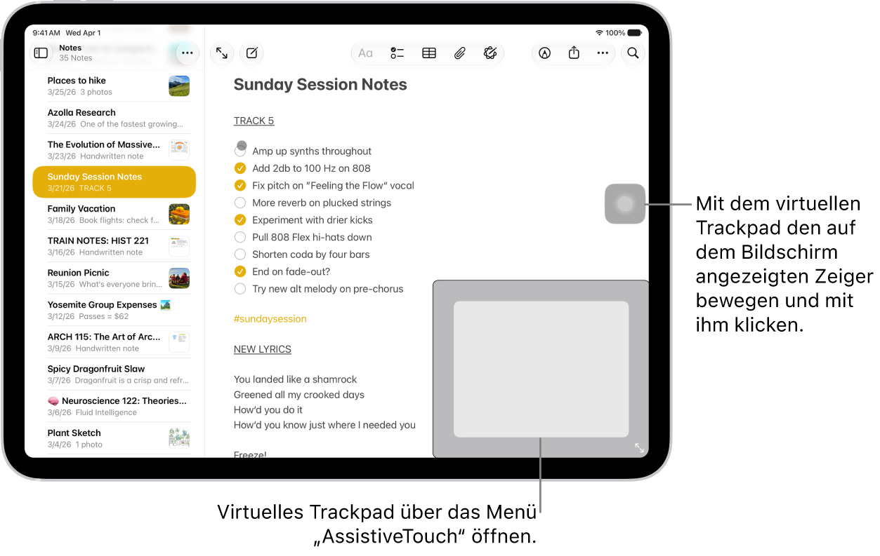 Ein iPad zeigt ein virtuelles Trackpad in der Bildschirmecke. Auf dem Bildschirm wird auch das Menü „AssistiveTouch“ (das zum Öffnen des Trackpads verwendet wird) und der Zeiger (der vom Trackpad gesteuert wird) angezeigt.