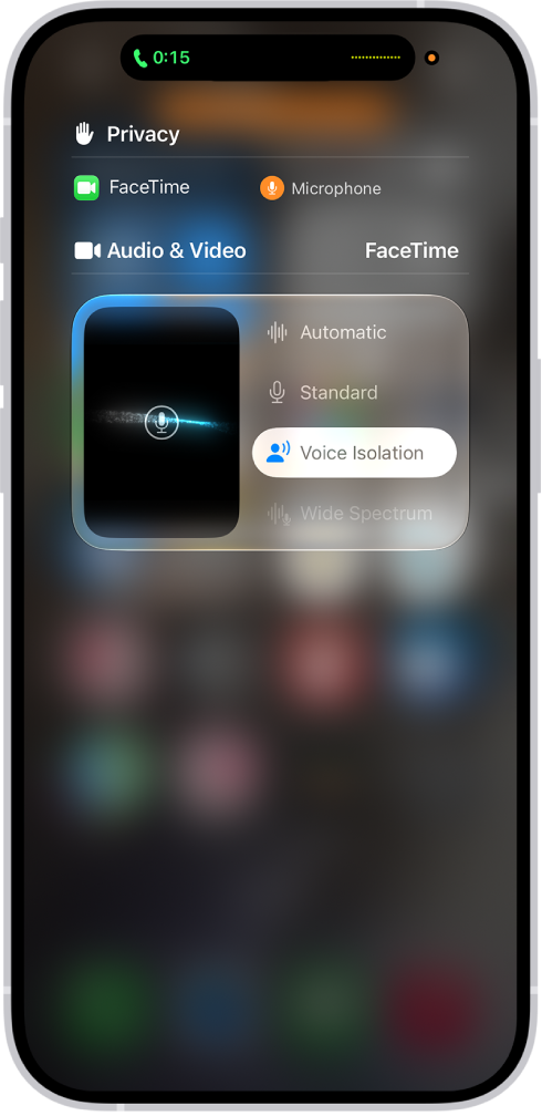 The Control Center settings for FaceTime calls, showing the audio settings Automatic, Standard, Voice Isolation, and Wide Spectrum.