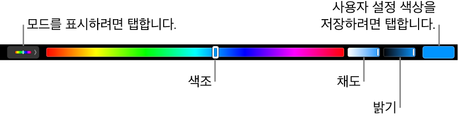 HSB 모드의 색조, 채도 및 밝기 슬라이더를 표시하는 Touch&nbsp;Bar. 왼쪽 끝에 있는 모든 모드 보기 버튼과 오른쪽에 있는 사용자화 색상 저장 버튼.