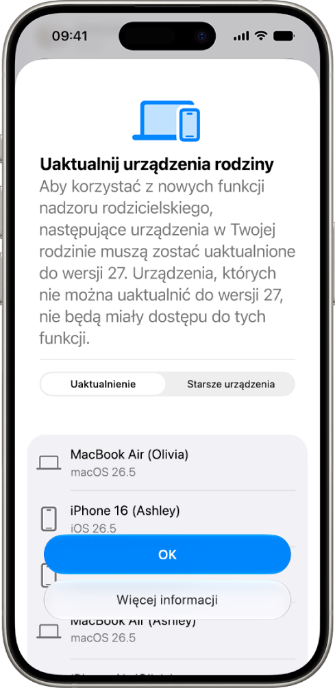 Ekran Uaktualnij urządzenia rodziny wyświetlający urządzenia wymagające uaktualnienia oraz starsze urządzenia.