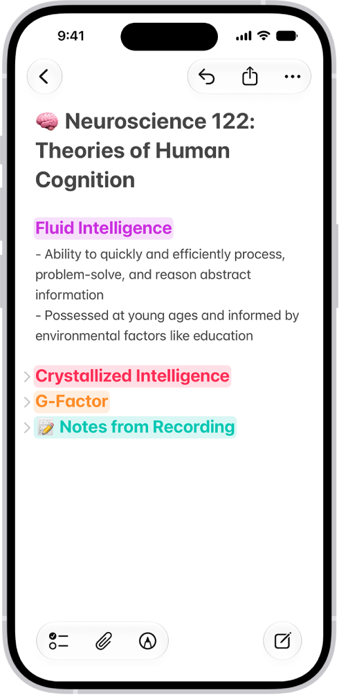 A note in the Notes app, with collapsible headings at the top of the screen.