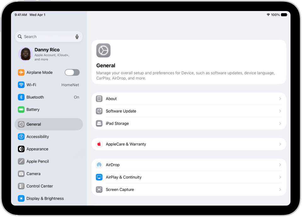 The iPad Home Screen with several app icons, including the Settings app icon, which you can tap to change your iPad sound volume, screen brightness, and more.