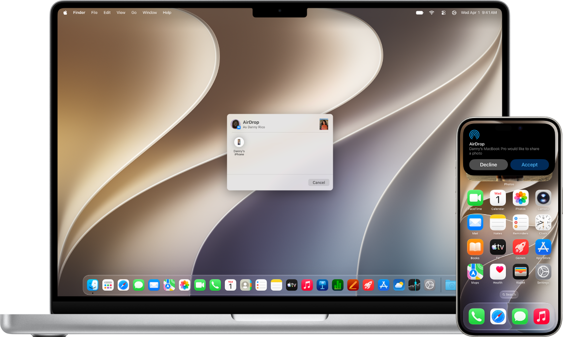 Un Mac se trouve à proximité d’un iPhone. La zone de dialogue d’AirDrop est ouverte sur le bureau du Mac, prête à partager un document avec l’iPhone. L’écran de l’iPhone affiche une notification relative à la réception du document.