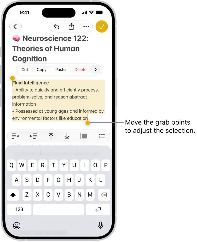 Text is selected in a note in the Notes app. Above the selected text are the Cut, Copy, Paste, and AutoFill buttons. The selected text is highlighted, with grab points to adjust the selection at either end.