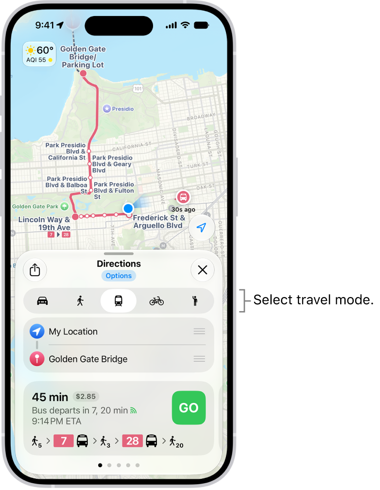 A map showing several route options between two locations, with buttons for choosing other travel modes, switching the starting point and destination, and viewing directions as steps.