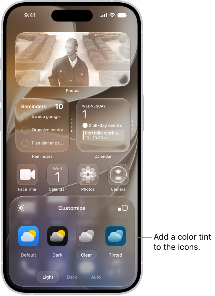 A customized Home Screen clear icons tinted blue and arranged to frame the photo, and controls at the bottom of the screen for customizing icons. Options include Automatic, Dark, Light, and Tinted buttons, options for choosing color and saturation, and Small and Large buttons for setting the icons’ size.