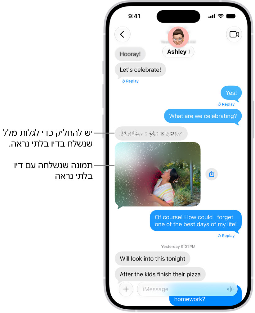שיחה ב״הודעות״ כוללת הודעת מלל ותמונה שנשלחה עם אפקט ״דיו בלתי נראה״.