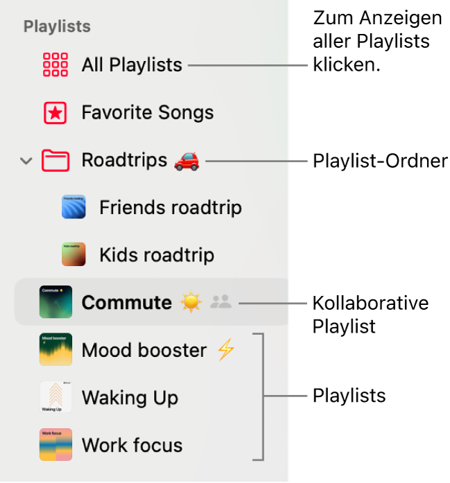 Die Seitenleiste der App „Musik“ mit einem Playlist-Ordner und den verschiedenen Playlisttypen: Lieblingstitel, kollaborative Playlists und Playlists. Klicke auf „Alle Playlists“, um alle anzuzeigen.