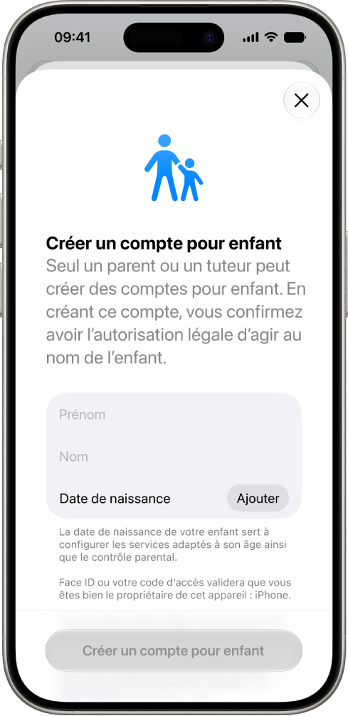 L’écran «&nbsp;Créer un compte Enfant&nbsp;», affichant des options pour ajouter un prénom, un nom et une date de naissance.