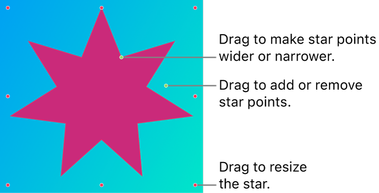 A vector graphic in the shape of a star with onscreen handles for modifying it.