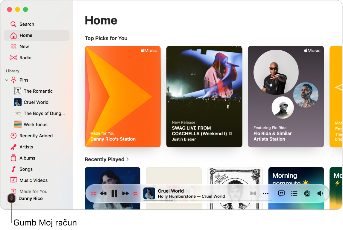 Okno storitve Apple Music, ki prikazuje domači zaslon. Gumb Moj račun (ki je videti kot fotografija ali monogram) je v spodnjem levem kotu okna.