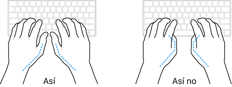 Manos posicionadas sobre un teclado, mostrando la alineación correcta e incorrecta de los pulgares.