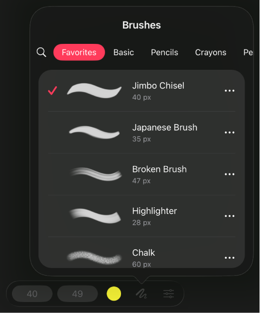 The brushes browser within the Paint pane showing brush categories and strokes available within the currently selected category.