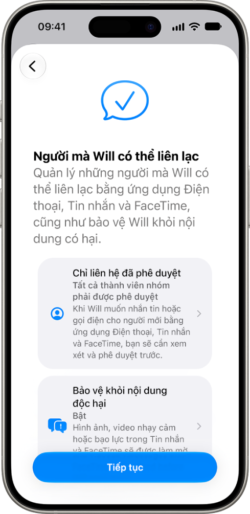 Màn hình thiết lập kiểm soát của phụ huynh đang hiển thị các tùy chọn cho người mà trẻ có thể liên lạc.