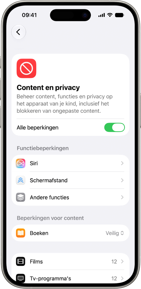 Het scherm 'Content en privacy' in 'Schermtijd' met opties voor beperkingen voor functies en content.