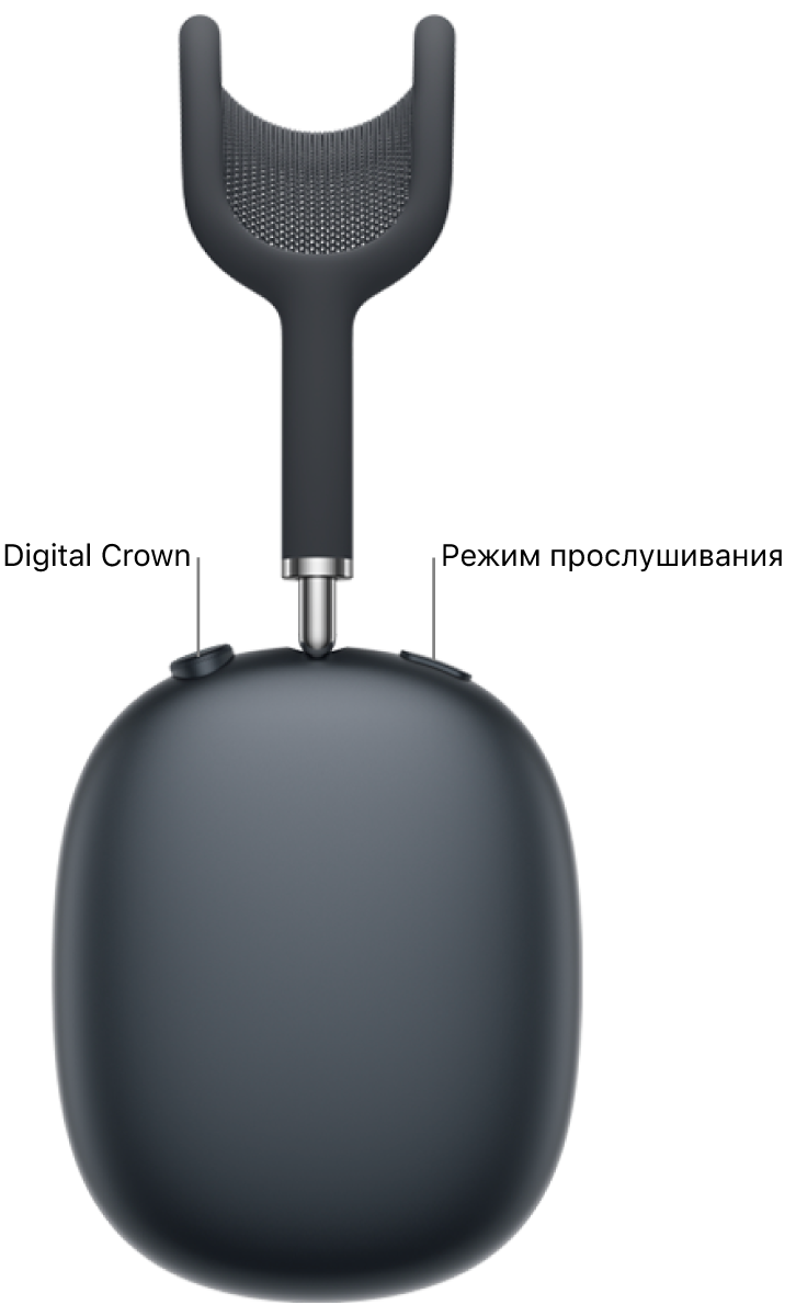 Показан правый наушник AirPods&nbsp;Max&nbsp;2, колесико Digital&nbsp;Crown в&nbsp;левой верхней части наушника и&nbsp;кнопка управления режимом прослушивания в&nbsp;правой верхней части наушника.