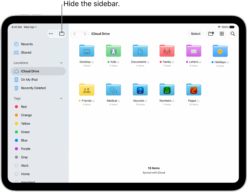 The Files app showing the files and folders in your iCloud Drive. At the top of the screen are buttons for selecting items, creating a new folder, changing the view (List, Icons, Columns), and Search.