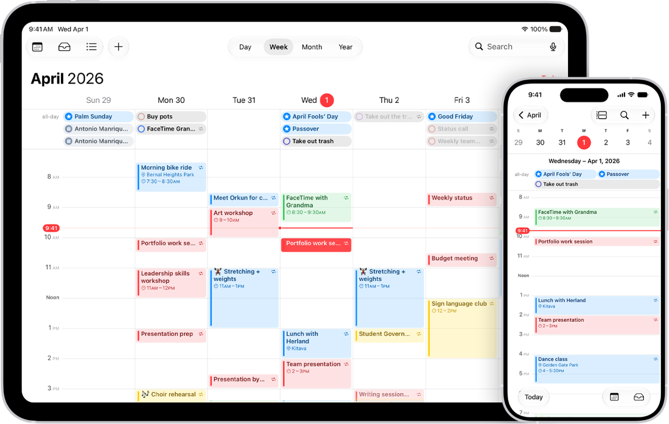 A calendar on iPad in Week view and the same calendar on iPhone in Day view.