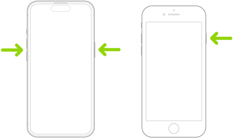 Two iPhone models, screens facing up. On the iPhone with Face ID, the volume buttons are on the left and the side button is on the right. On the iPhone with the Home button, the side button is on the right.