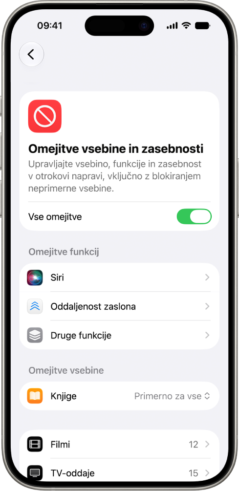 Zaslon Omejitev vsebine in zasebnosti v funkciji Čas pred zaslonom, na katerem so prikazane možnosti za omejitve funkcij in vsebine.