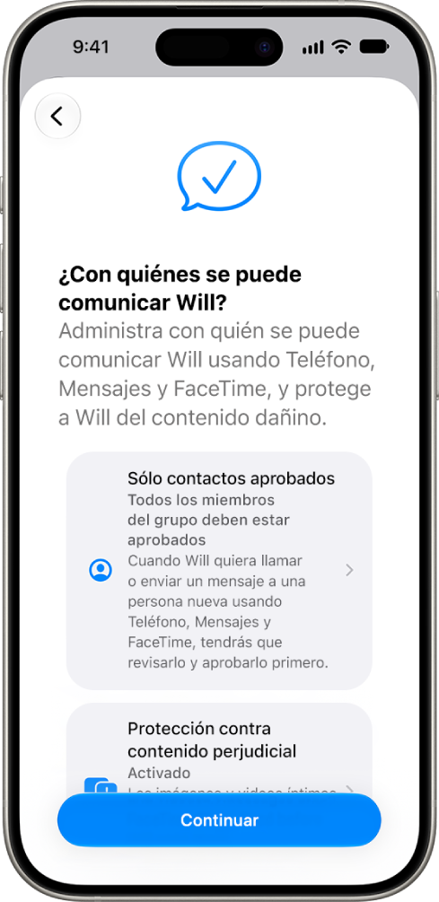 La pantalla de configuración de los controles parentales muestra opciones de con quién puede comunicarse un menor.