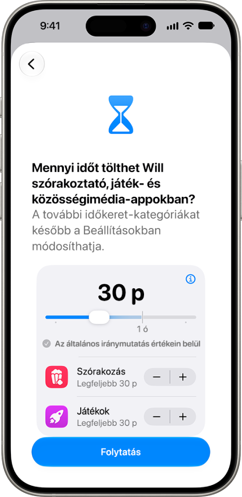 A szülői felügyelet beállítási képernyője, amely megjeleníti az engedélyezett időtartamot az olyan appkategóriákban, mint a Közösségi média és a Szórakozás.