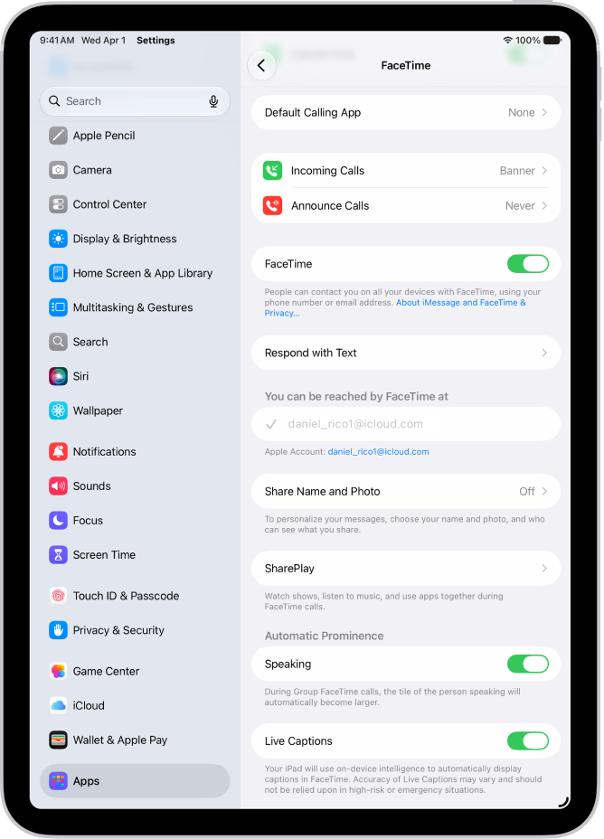 FaceTime 通话设置屏幕，显示“默认通话 App”选项、打开或关闭 FaceTime 通话的控制，以及正用于 FaceTime 通话的 Apple 账户。
