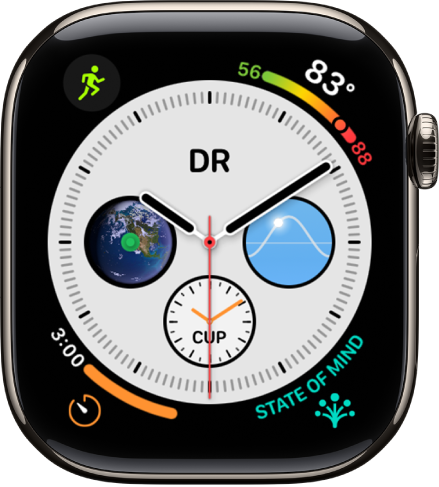 The Infograph watch face showing complications in each corner and four subdials in the middle.